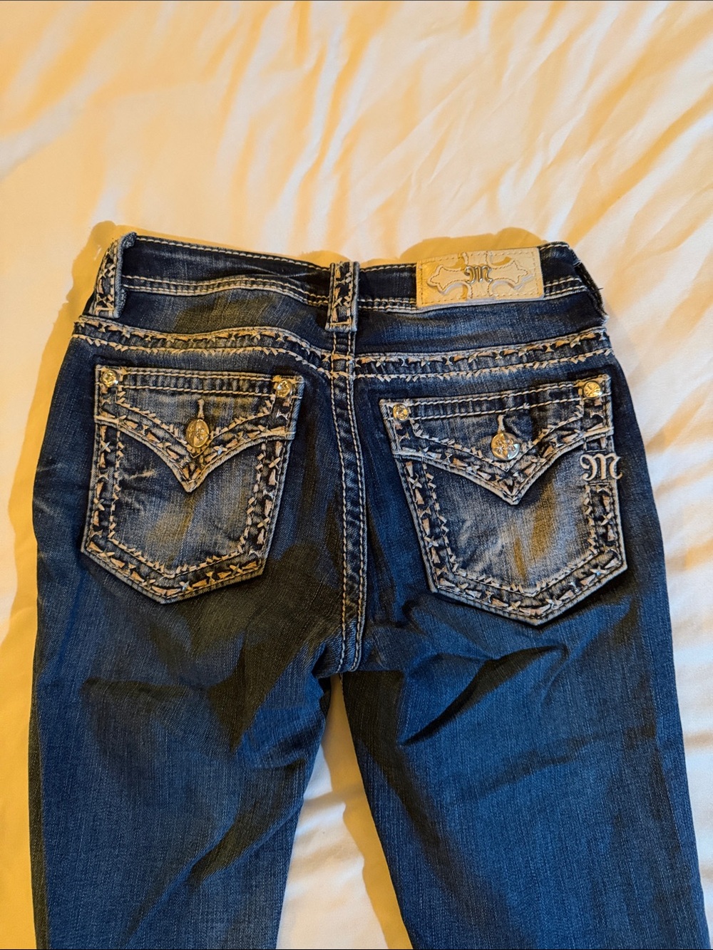 Miss Me Dark Blue Embroidered Pocket Boot Cut Jeans